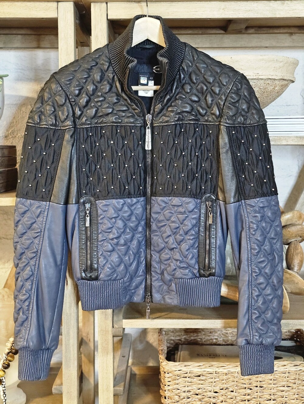 Vintage Roberto Cavalli Just Cavalli Leather Jacket Quilted Blue Black Italy 42